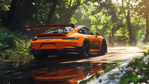 Orange sports car on wet forest road with sunlight reflections.