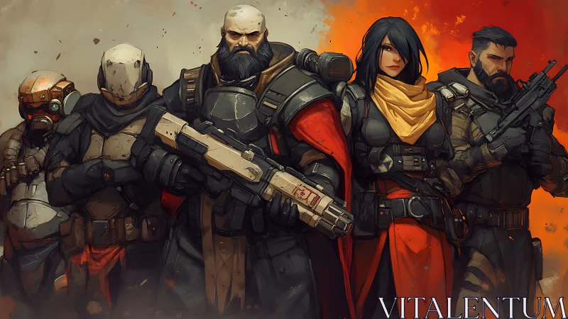 Armored sci-fi strike team advances under dramatic warm light