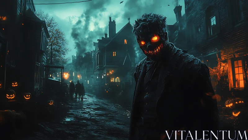 Nocturnal jack-o-lantern wraith on rain-slick haunted street