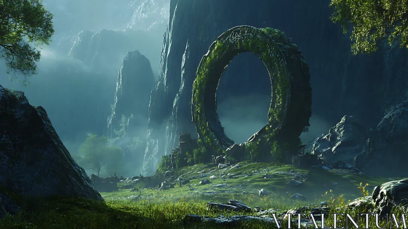 Ancient moss-covered stone ring dominates misty valley.