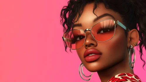 Digital portrait woman with pink sunglasses on neon backdrop.