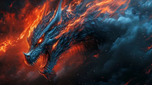 Blazing storm dragon rising from fire and swirling smoke.