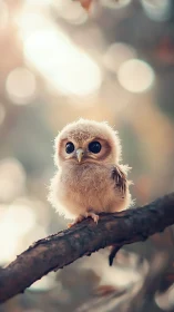 Baby owl perches on branch under soft golden bokeh glow.