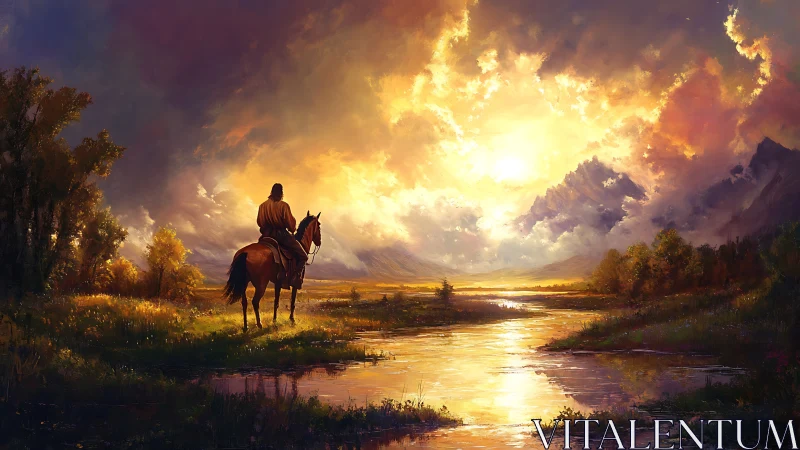 Rider pauses beside a golden river under thunderous light.