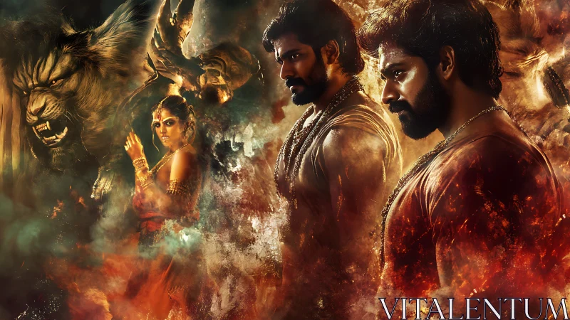 Fiery mythic warriors amid roaring lion and swirling smoke.