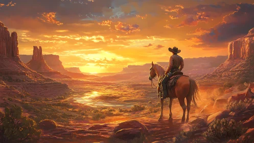 Cowboy on horseback observing sunlit desert canyon panorama.