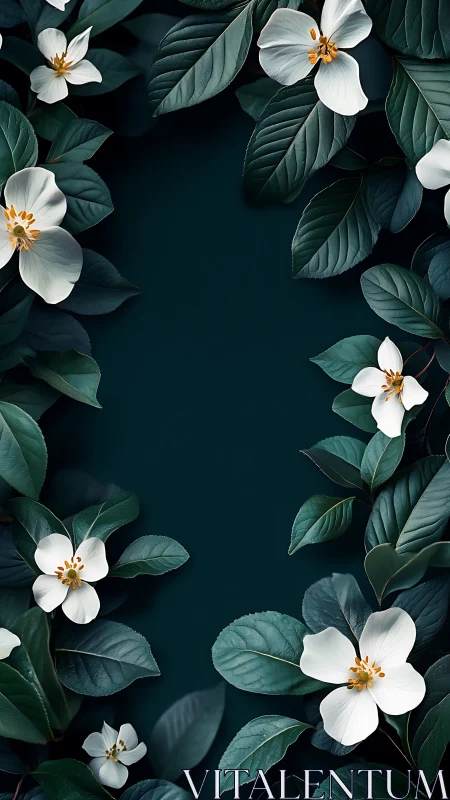 White Flowers with Golden Centers Against Deep Teal.
