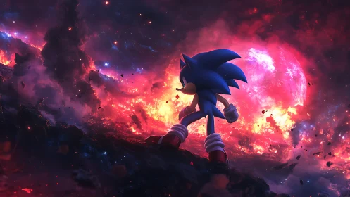Backlit Sonic silhouette against high-contrast cosmic firestorm
