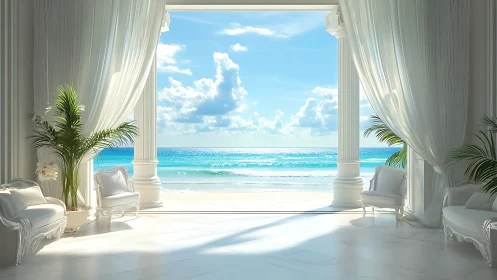 Luxury white terrace opens onto sunlit tropical seascape