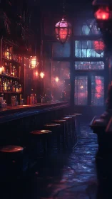 Narrow bar interior with red lantern lighting and wet floor.