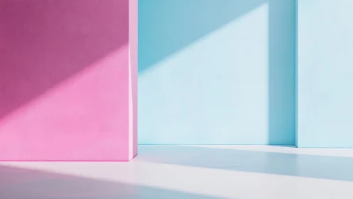 Geometric pink and blue walls form a minimal abstract scene