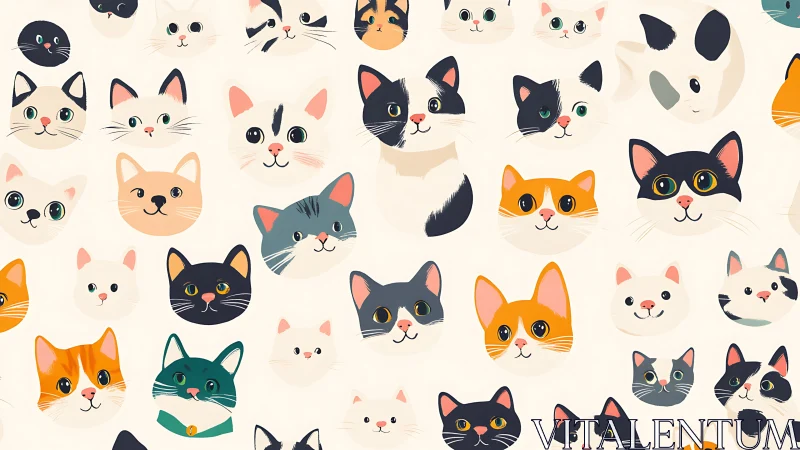 Whimsical Cat Faces Scattered on Cream Background Pattern.