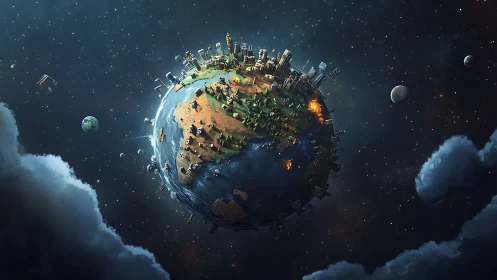 Stylized miniature planet shows urban, rural and orbital zones