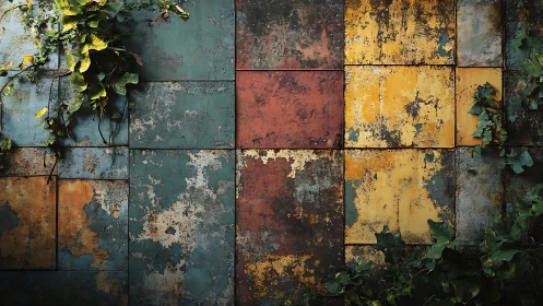Weathered multicolor metal panels with scattered green foliage.