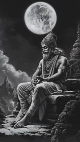 Moonlit seated deity in detailed monochrome temple scene.