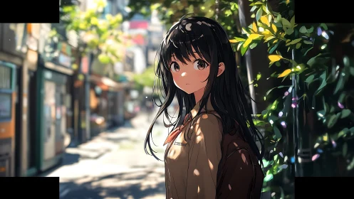 Soft sunlight follows a quiet girl along a leafy city lane