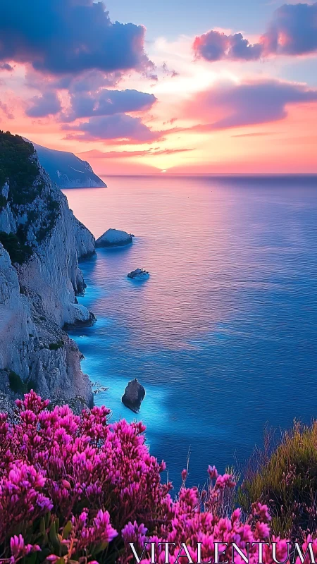 Coastal cliffs overlook calm sea at vivid sunset light