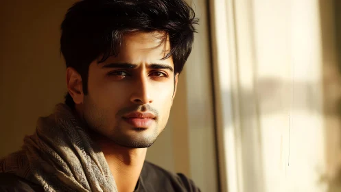 Warm sunlight softens a young man&rsquo;s thoughtful window gaze