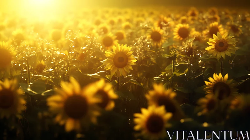 Sunlit sunflower meadow glowing in soft golden haze.