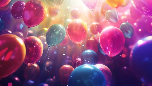 Translucent balloons suspended in gradient light with chromatic bokeh