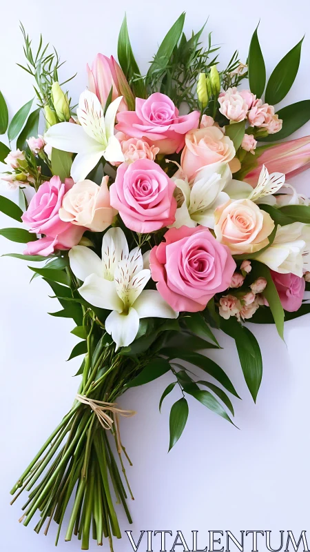 Pink Rose and White Lily Bouquet with Greenery.