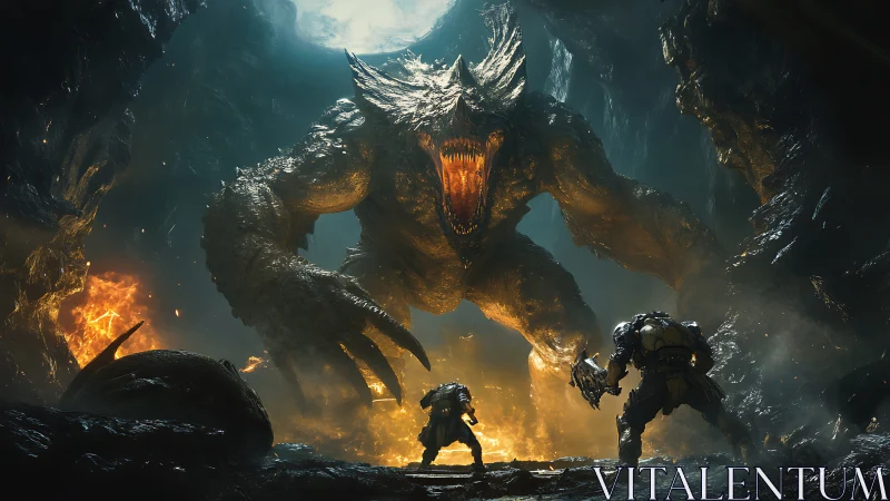 Colossal cavern behemoth bellows as armored hunters advance