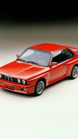 Photorealistic red sports coupe in studio gradient setting.