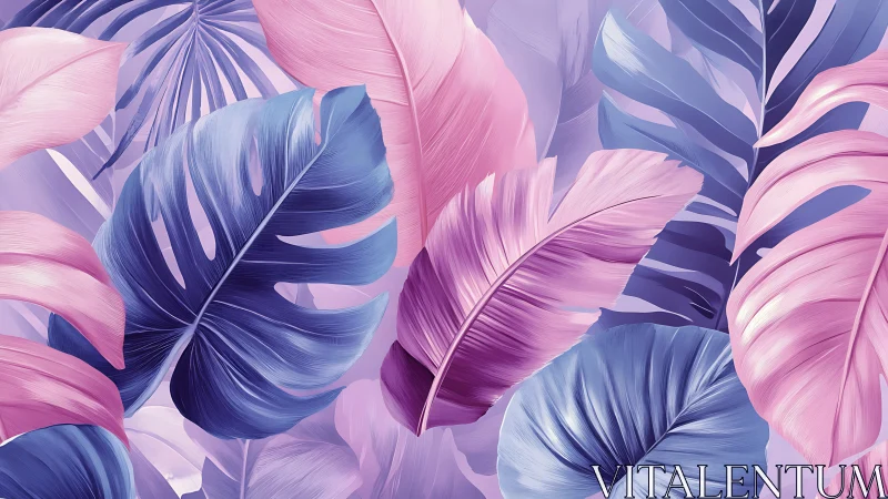 Digital painting of pastel tropical foliage layers in relief.