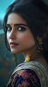 Embroidered grace in a luminous South Asian portrait gaze.