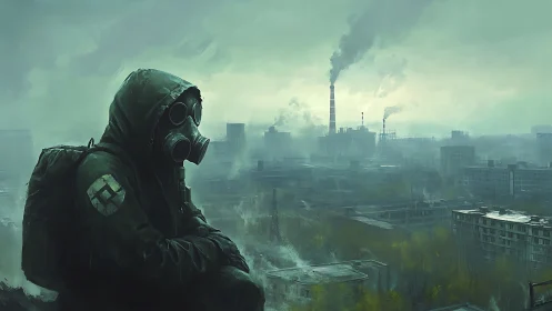 Hooded survivor overlooks toxic industrial wasteland skyline.