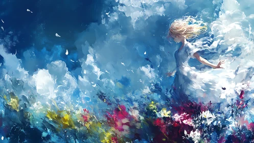 Windblown girl in white amid abstract floral field and sky