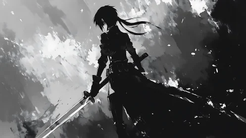 Lone silhouette swordsman cleaves light from stormy shadows.
