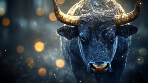 Starlit bull charges through glittering dusk and quiet sparks