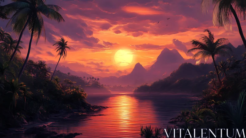 Crimson tropic sunset bathing misty mountains in molten light.