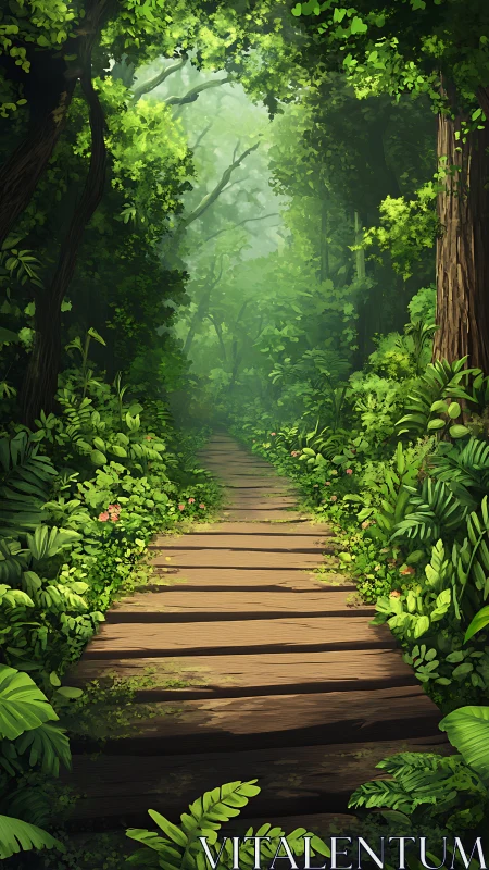 Wooden boardwalk through lush green forest canopy
