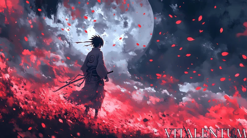 Moonlit swordsman strides through a storm of crimson petals