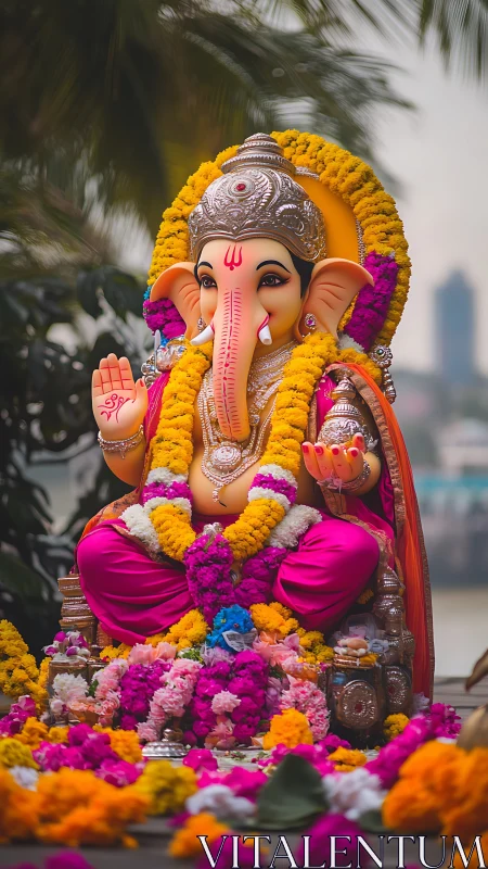 Vibrant Ganesh idol in seated posture with floral garlands