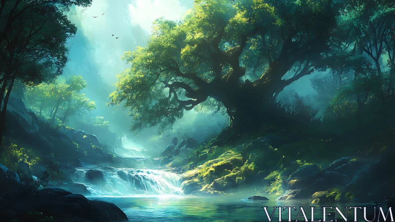 Mystical Waterfall Through Ancient Forest.