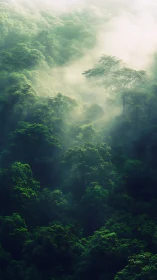 Misty tropical forest canopy with atmospheric moisture.
