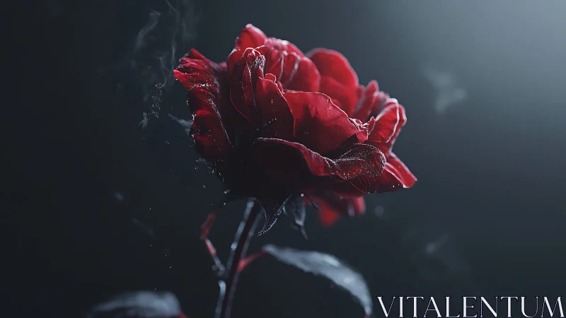Cinematic close-up of a dewy red rose in dramatic backlight