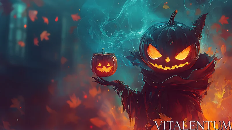 Fiery pumpkin specter with glowing jack o lanterns at night.