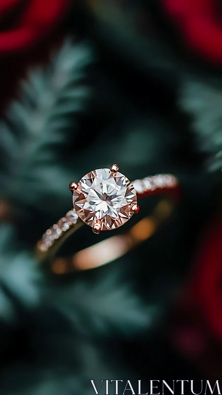 Close-up view of solitaire diamond ring on blurred foliage.