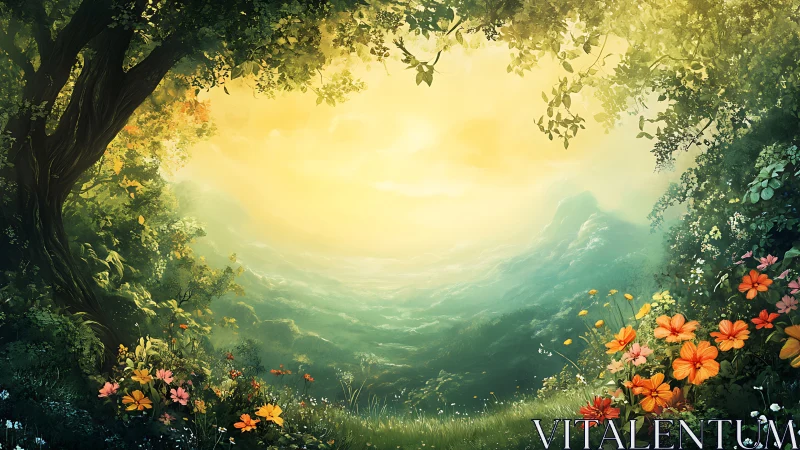 Sunlit valley dreams bloom beneath a whispering forest arch