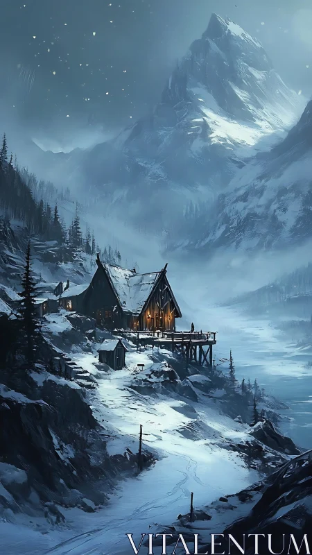 Remote wooden cabin with warm lights in icy mountain valley.