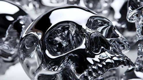 Reflective chrome skulls in hyper-realistic digital art style.