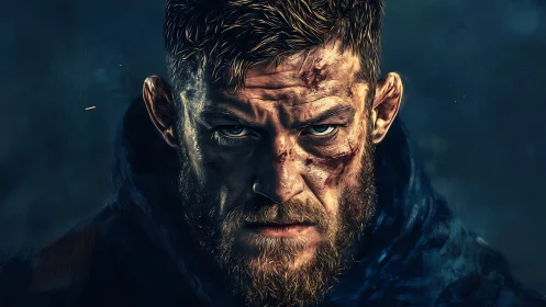 Battle-scarred gaze of a storm-worn warrior at midnight.