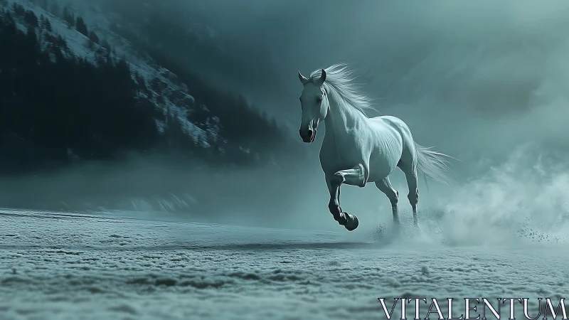 Galloping white horse crosses frozen plain in cinematic haze