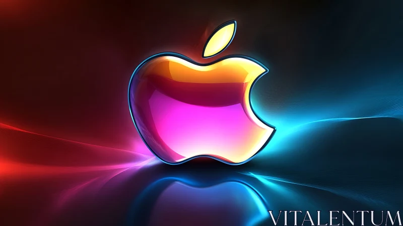 Neon glass apple logo over vivid red and blue gradient glow.