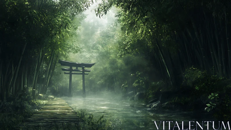 Mist-veiled torii gateway within tranquil bamboo grove.