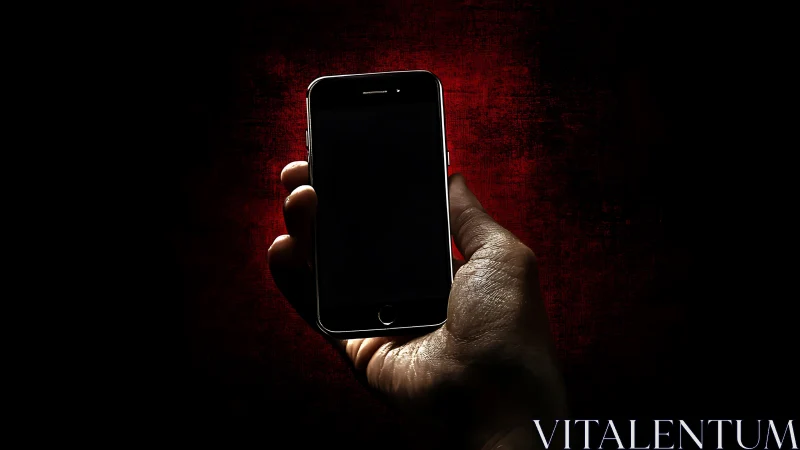 Glowing Smartphone Held Against Crimson Dark Background.